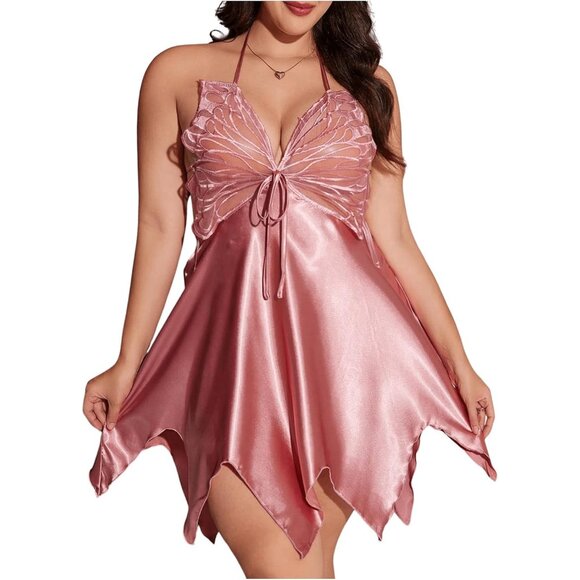 ✨Women Pink Butterfly Appliques Satin Flowy Silky Chemise Nighty Sleepwear